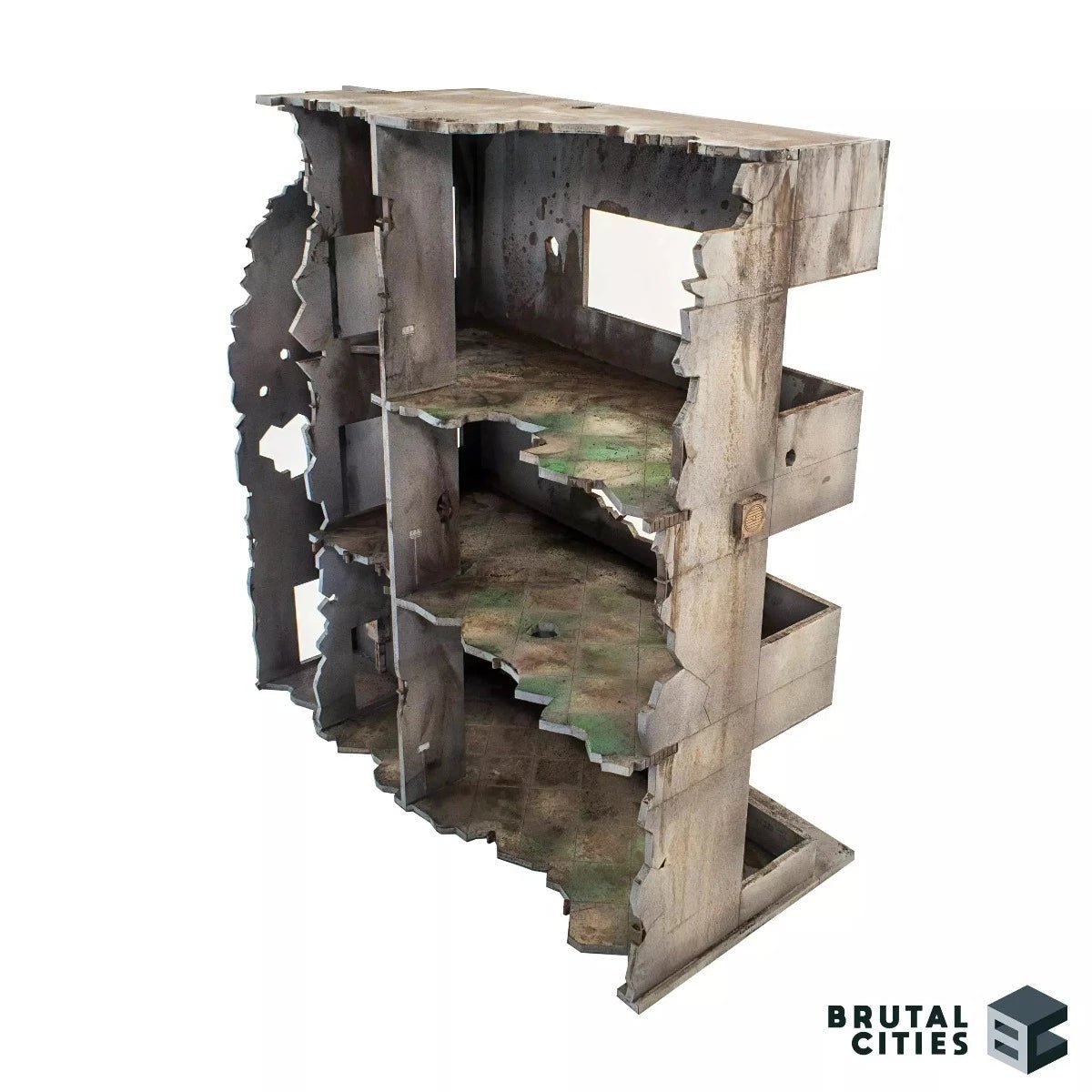 back view of a three level city ruin mdf terrain kit with battle damage