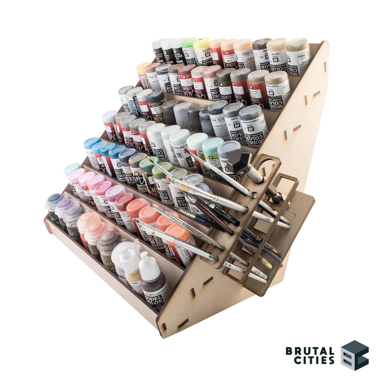 model paint rack with brushes and hobby tool storage